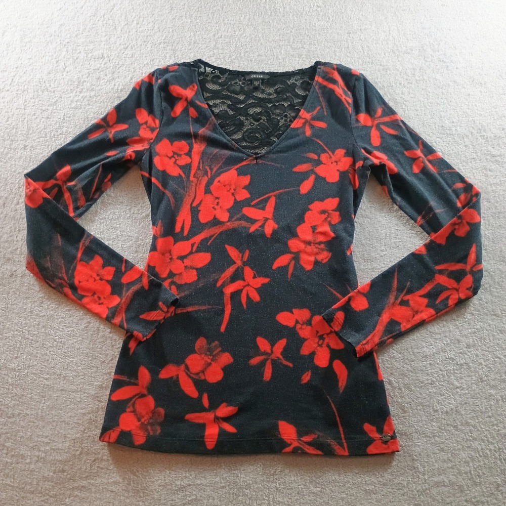 Guess Womens Floral Lace Back Top Black Red XS‎ Long Sleeve V-Neck